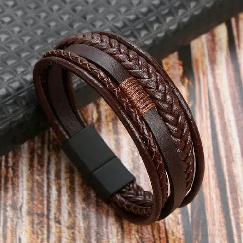 Pulsera casual para hombres en cuero sintético con patrón geométrico — Marrón negro mate