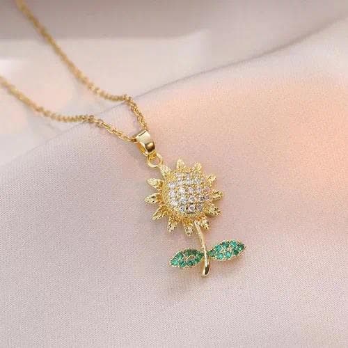 Collar con Flores Embutidas y Perla — Collar de girasol Esmeralda oro