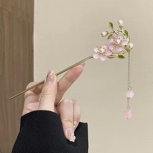 Horquilla para el Cabello con Borla de Aleación — Flor doble rosa