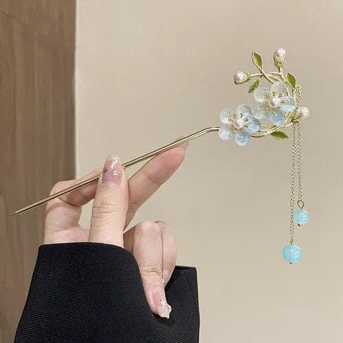 Horquilla para el Cabello con Borla de Aleación — Doble flor azul