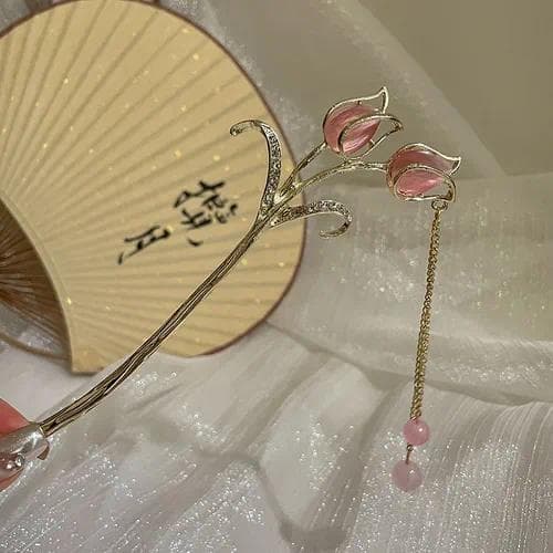 Horquilla para el Cabello con Borla de Aleación — Borla de tulipán rosa