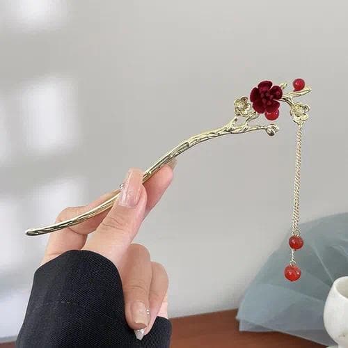 Horquilla para el Cabello con Borla de Aleación- Rosa Roja