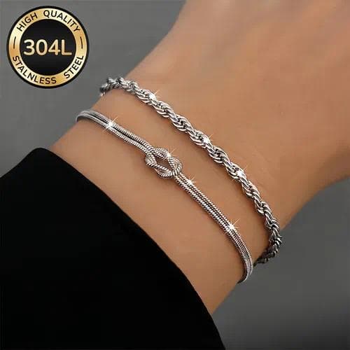 Pulsera con cadena de eslabones cubanos — Juego de 2 piezas color acero